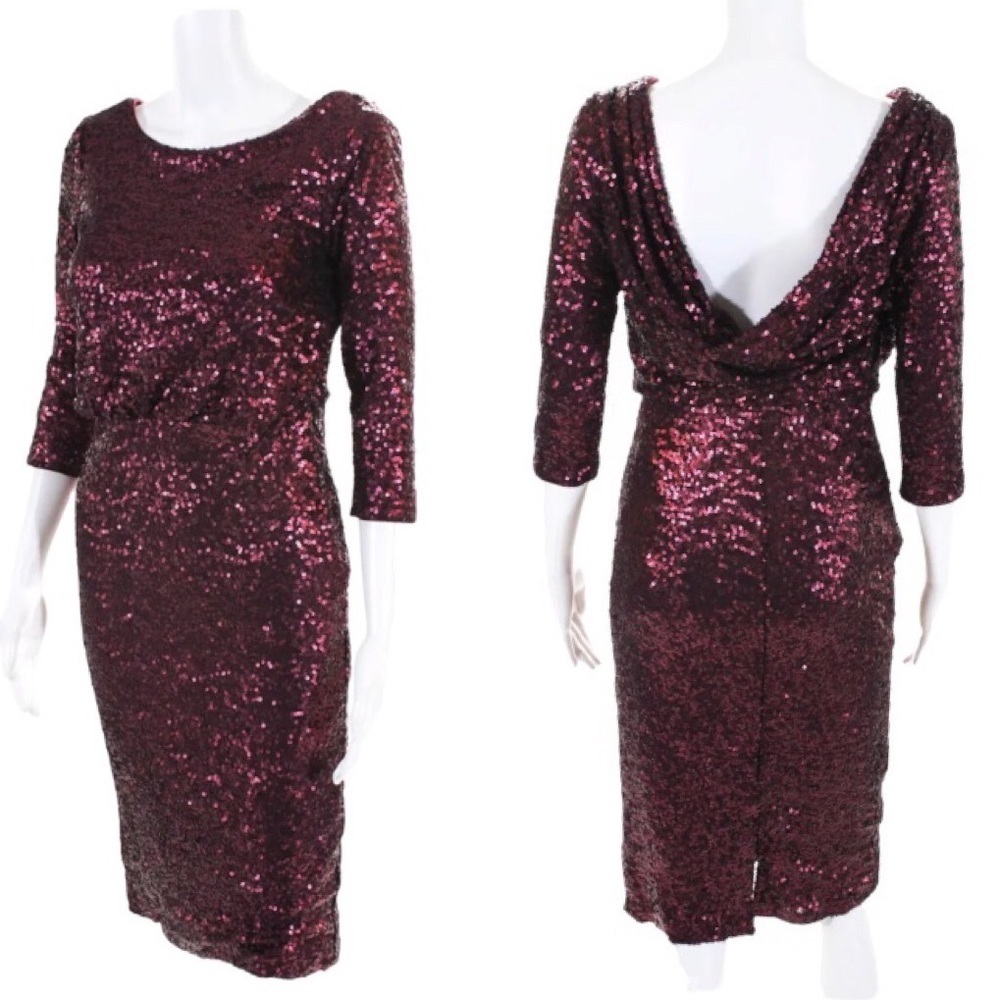 Badgley Mischka Merlot Sequin Sheath Dress Size 2 Burgundy Red Cowl Back